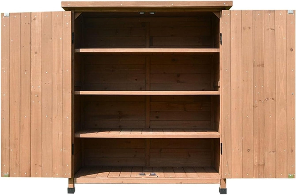 Large Vertical Outdoor Storage Box Adjustable Foot Pads, Wooden Outdoor Storage Cabinet with Doors Galvanized Cabinet Top for Delivery Patio Garden and Porch,Br,Brown