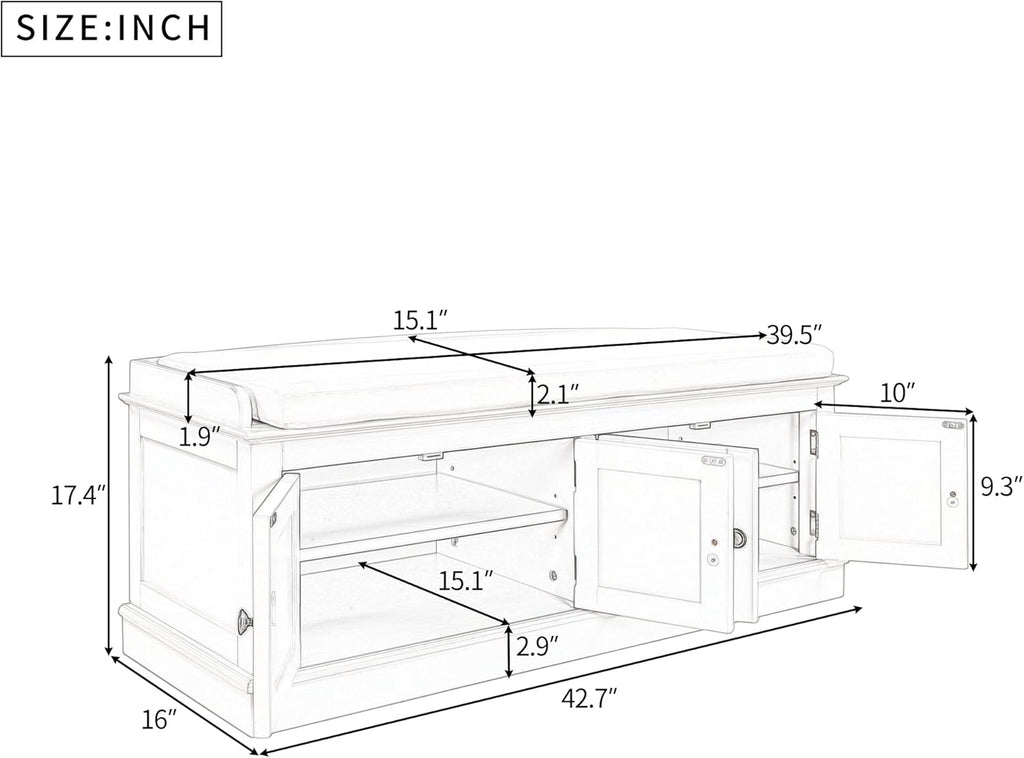 SOFTSEA 42.7" Shoe Bench with Padded Seat Cushion, 2-Tier Entryway Bench with 4 White Doors and Adjustable Shelves, Shoe Cabinet for Entryway, Bedroom, Living Room, White