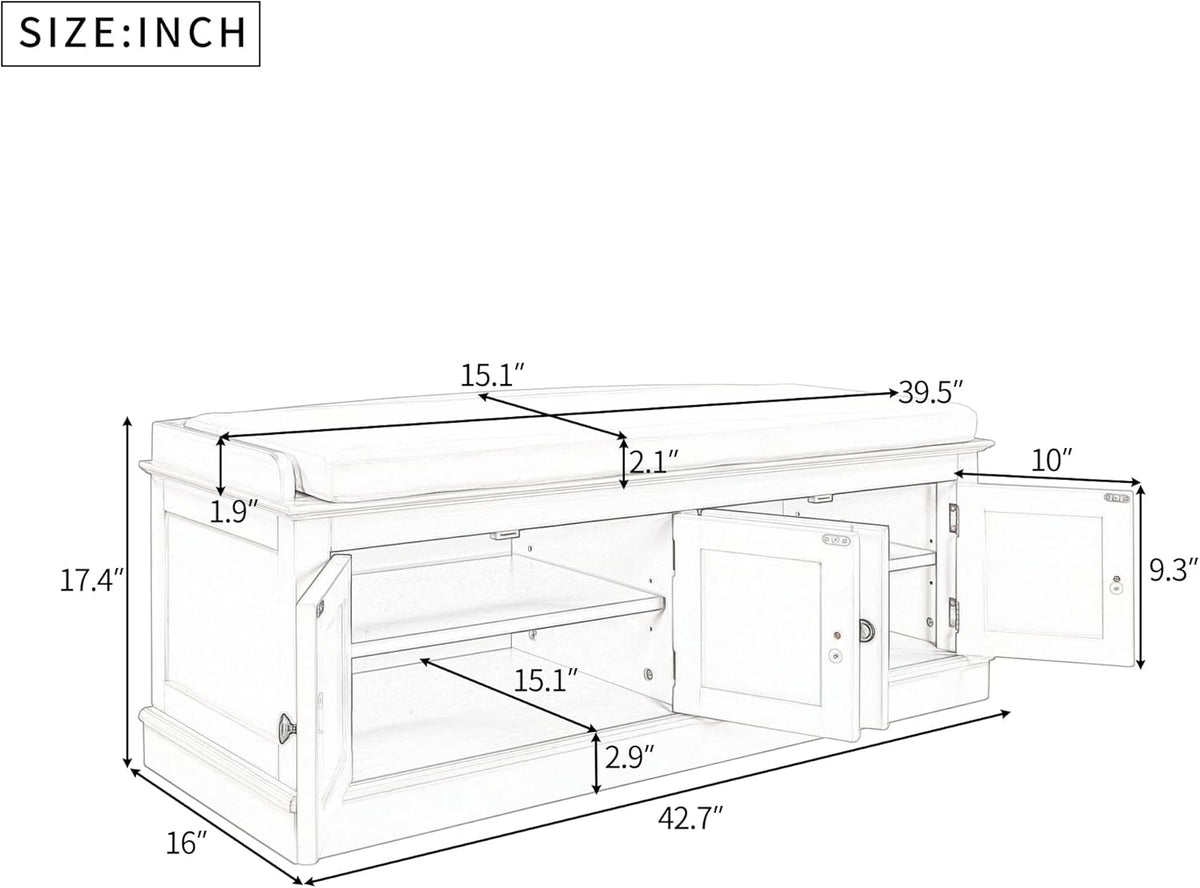 SOFTSEA 42.7" Shoe Bench with Padded Seat Cushion, 2-Tier Entryway Bench with 4 White Doors and Adjustable Shelves, Shoe Cabinet for Entryway, Bedroom, Living Room, White