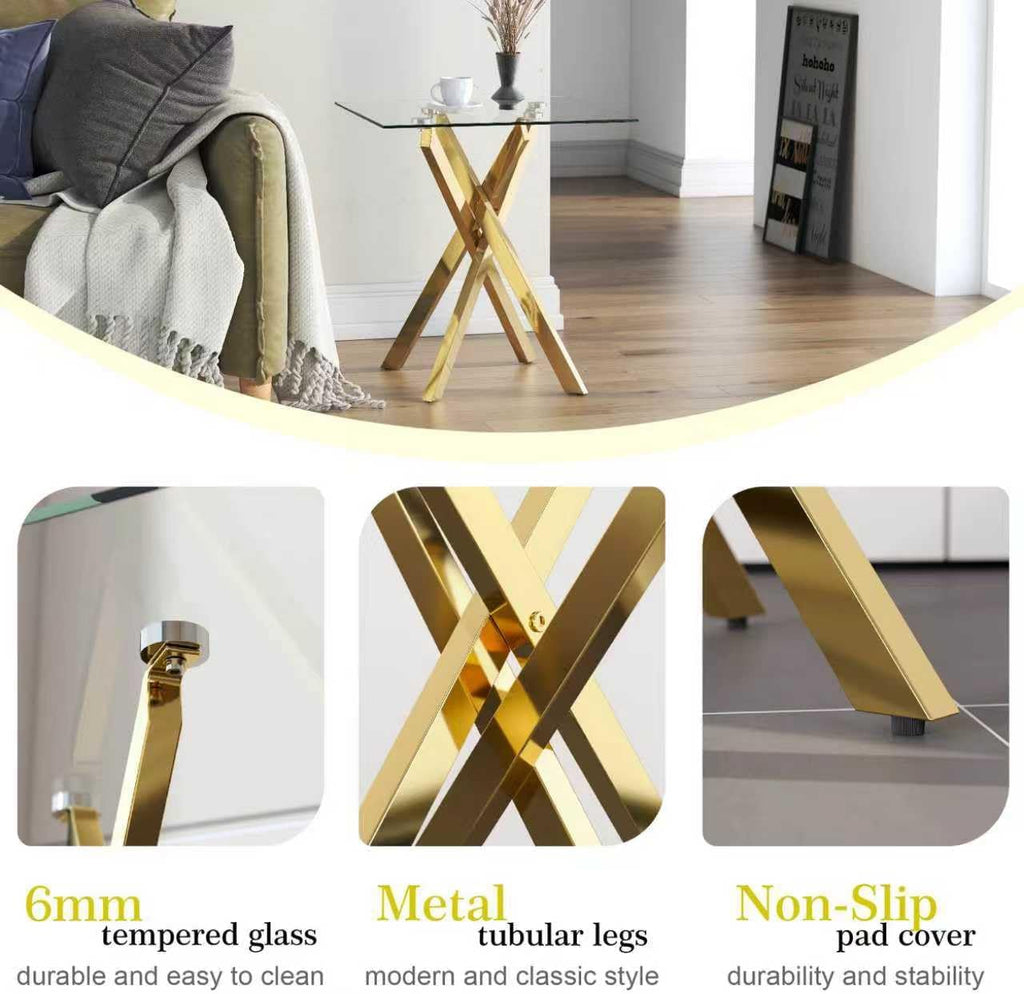 Small Side Table with Chromed Legs, Tempered Glass Square Modern End Table Sofa Table for Living Room Home Office (1, Gold, 20"×20"×22")