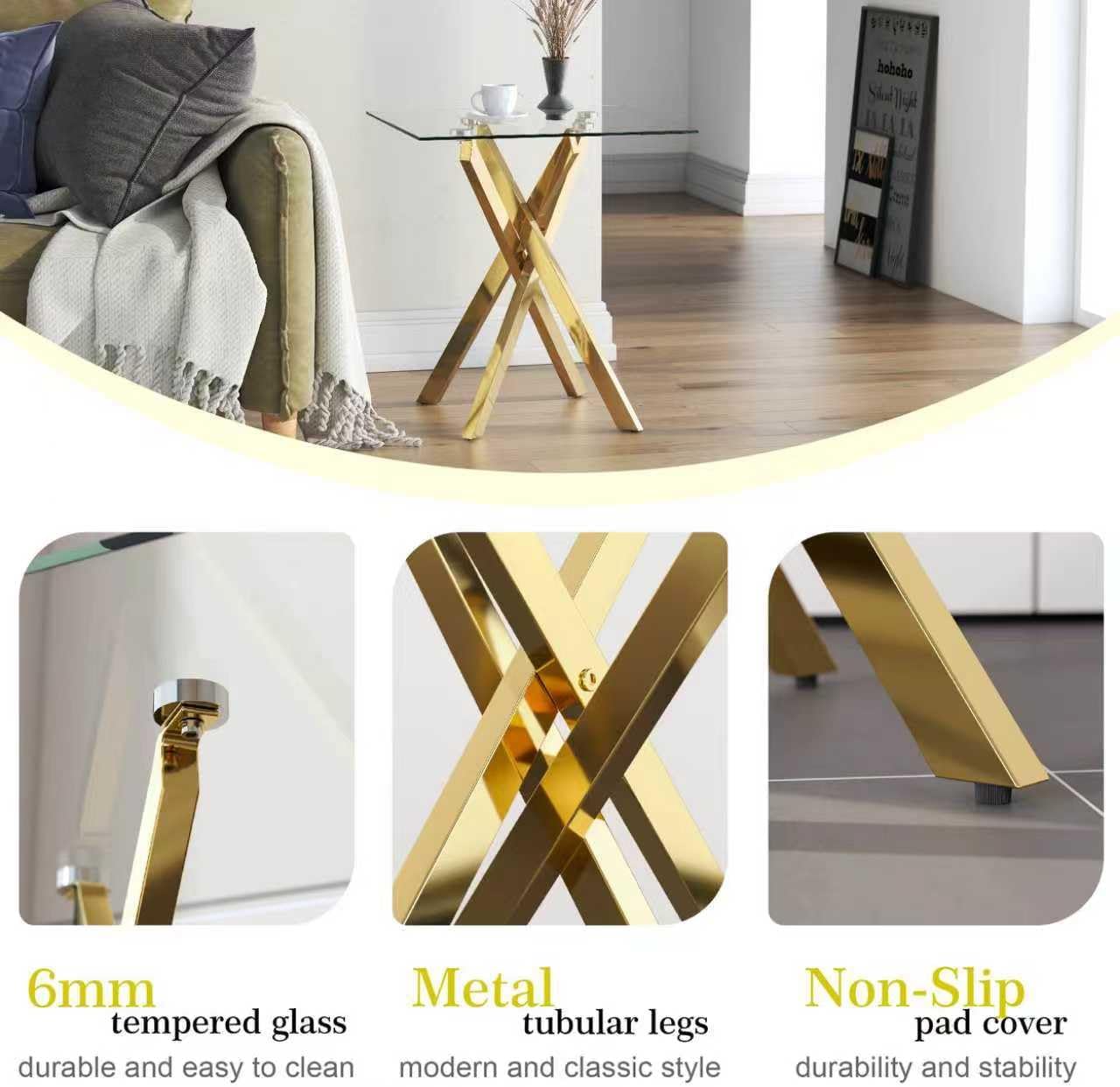 Small Side Table with Chromed Legs, Tempered Glass Square Modern End Table Sofa Table for Living Room Home Office (1, Gold, 20"×20"×22")