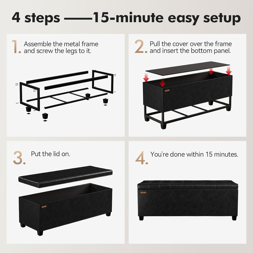 ABHENG Synthetic leather Storage ottoman bench with legs,43.5”W x 15.7”D x 15.7”H,metal frame end of bed bench hold up to 770 LB,Large Storage Chest hold up to 770 LB,Black UASND622B