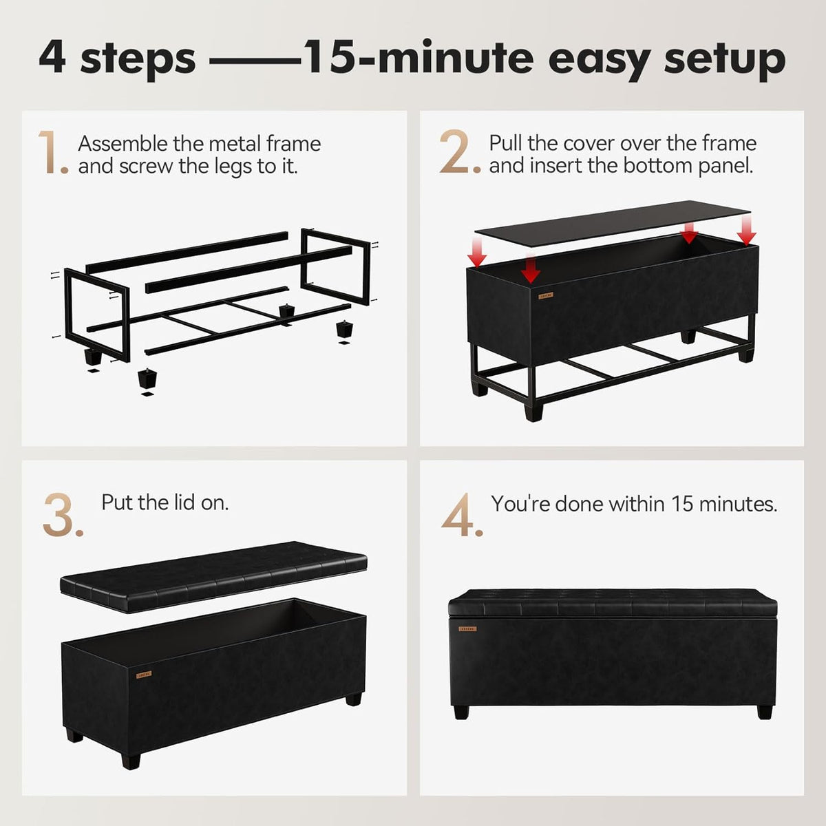 ABHENG Synthetic leather Storage ottoman bench with legs,43.5”W x 15.7”D x 15.7”H,metal frame end of bed bench hold up to 770 LB,Large Storage Chest hold up to 770 LB,Black UASND622B