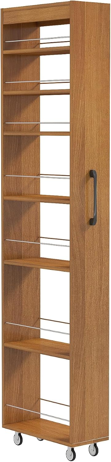 KEIKI 7 Tier Pull-Out Kitchen Pantry Storage Cabinet, Multi-Tier Single-Sided Open Shelf, Spice Rack Next to Fridge, Wood Hutch Food Pantries Cupboard for Coffee Bar, Dining Room, Narrow Spaces