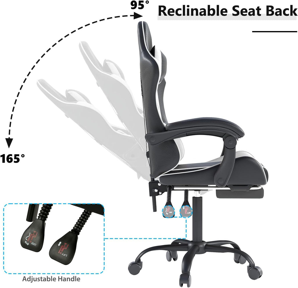 OS MOTOR Gaming Chair with Headrest and Lumbar Support, White | Ergonomic High Back Office Chair, Racing Style Executive Computer Desk Chair, Leather Adjustable Swivel Task Chair, Home