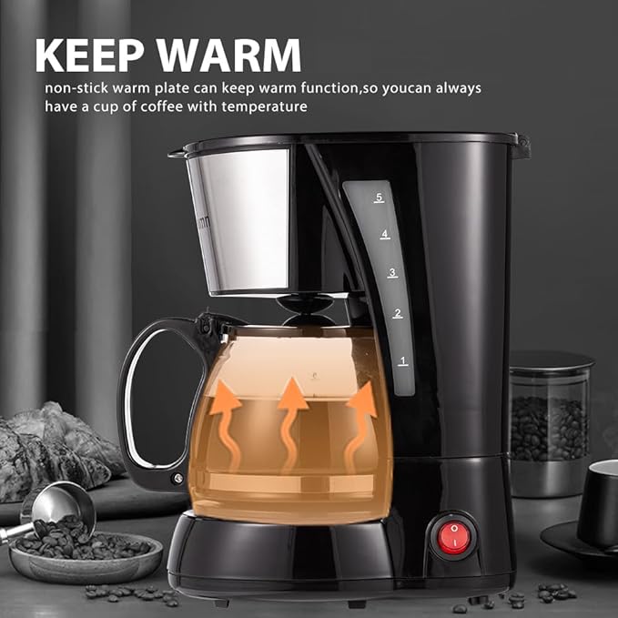 4-5 Cups Drip Coffee Maker, Coffee Pot Machine Permanent Coffee Filter, Mini,20Oz Electric Coffee Maker,650W Black and Stainless Steel