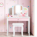 HONEY JOY Kids Vanity Set, Toddler Beauty Makeup Dressing Table w/Stool & Drawer, Tri-Fold Silver Mirror, Detachable Top, Wooden Princess Pretend Play Vanity Set for Little Girls (White)