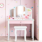 HONEY JOY Kids Vanity Set, Toddler Beauty Makeup Dressing Table w/Stool & Drawer, Tri-Fold Silver Mirror, Detachable Top, Wooden Princess Pretend Play Vanity Set for Little Girls (White)
