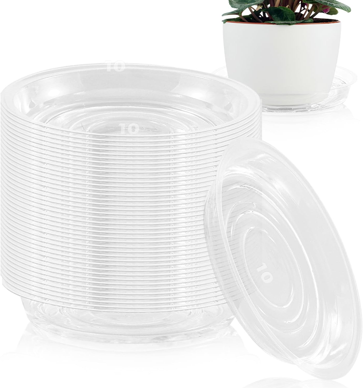 40 Pack 10 Inch Plant Saucer Clear Plant Saucers for Outdoors Plants Drip Trays, Large Pot Saucer No Holes Pot Saucers Planter Trays for Outdoor Plants Bulk Plastic Tray for Flower Pots, Snack Storage