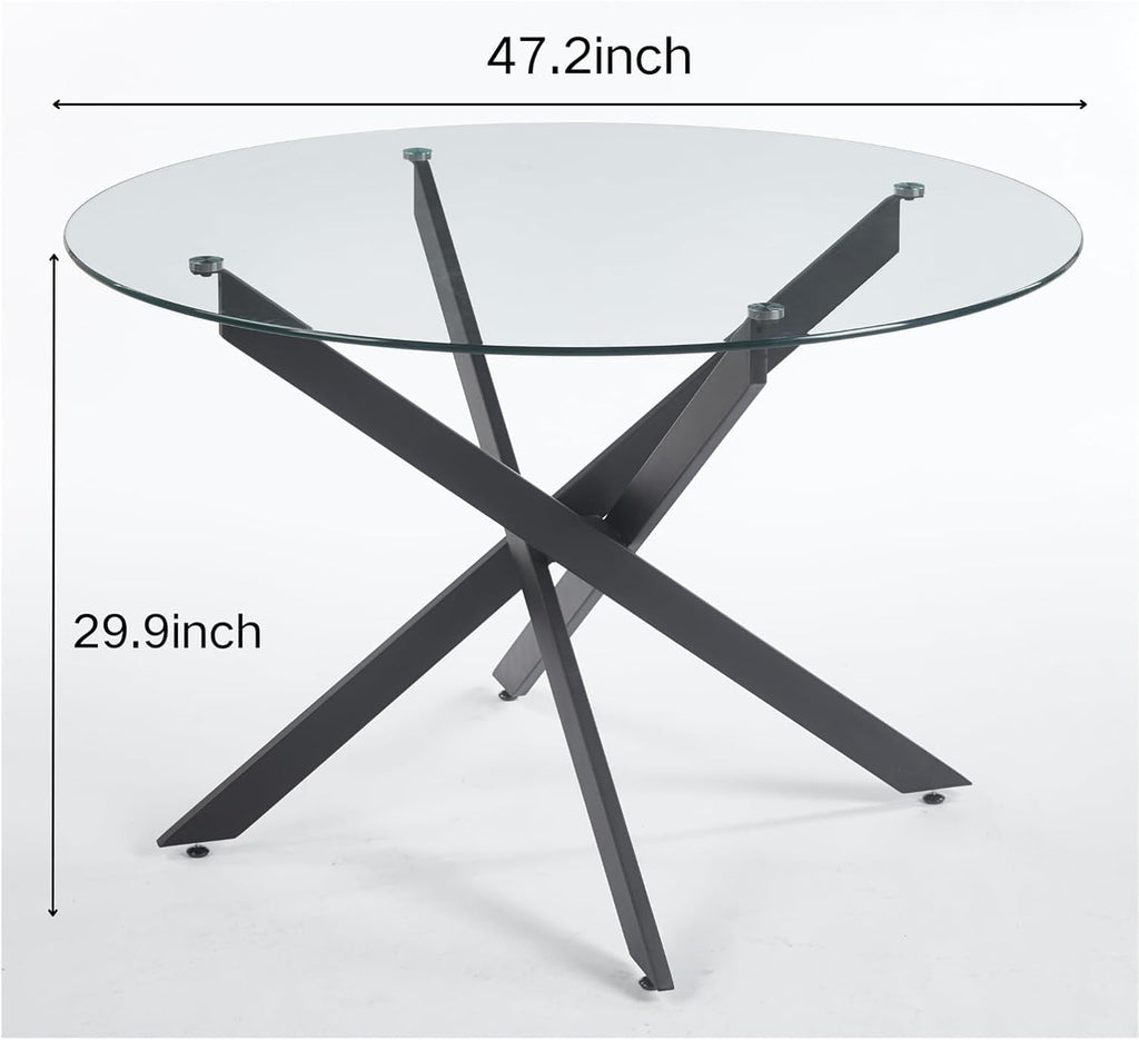 Henf 47.24" Round Dining Table with Black Metal Legs, Glass Kitchen Table for 4-6 People, Round Glass Dining Room Table for Small Space, Easy Assembly Circular Side Desk