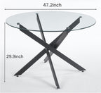 Henf 47.24" Round Dining Table with Black Metal Legs, Glass Kitchen Table for 4-6 People, Round Glass Dining Room Table for Small Space, Easy Assembly Circular Side Desk