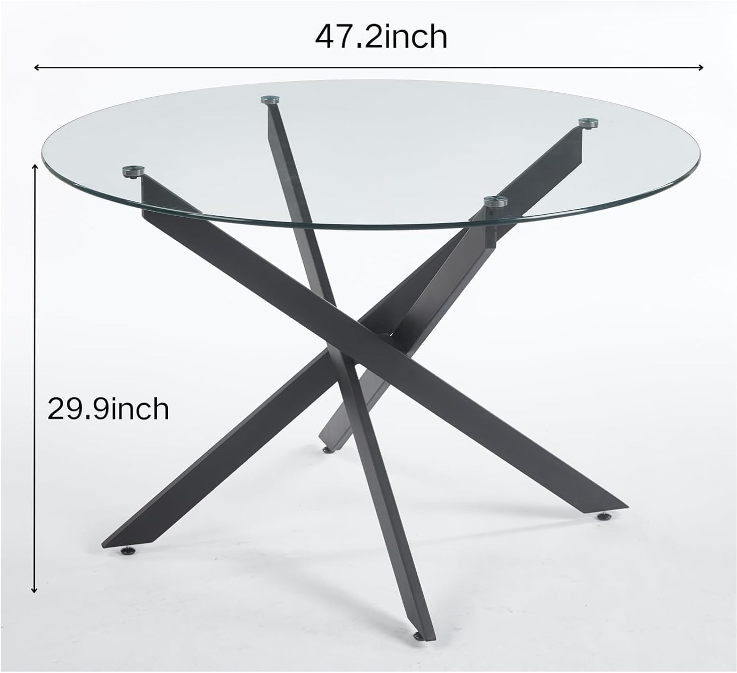 Henf 47.24" Round Dining Table with Black Metal Legs, Glass Kitchen Table for 4-6 People, Round Glass Dining Room Table for Small Space, Easy Assembly Circular Side Desk