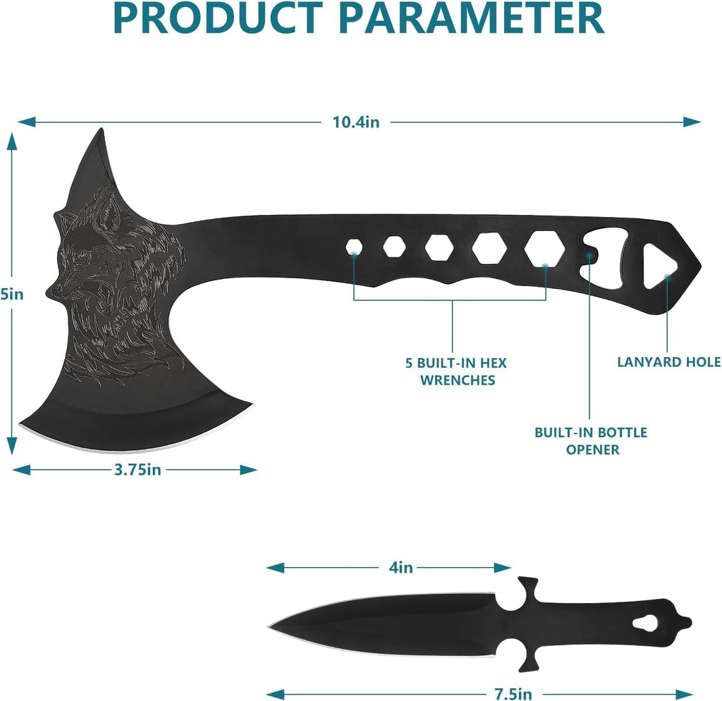 Throwing Axe and Tomahawk 3 Pack Protective Nylon Sheath with Built-in Corkscrew,10.4" Full Tang Stainless Steel Throwing Tomahawk