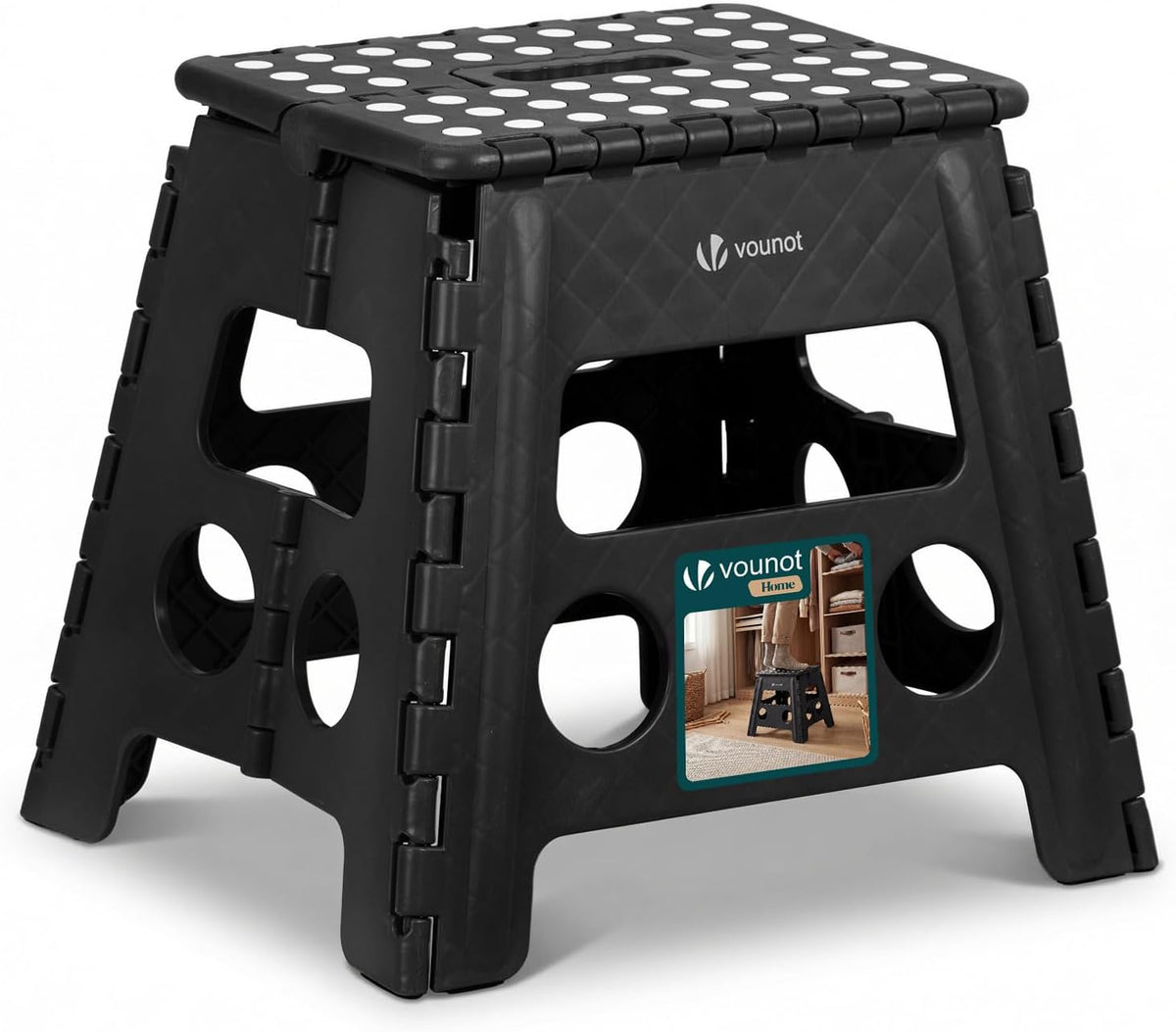 VOUNOT® Folding Step Stool, Portable Stepping Stool with Carrying Handle, Anti-Slip Folding Stool for Bathroom, Garden, Camping, Home, 37 x 30 x 32.5 cm, Black
