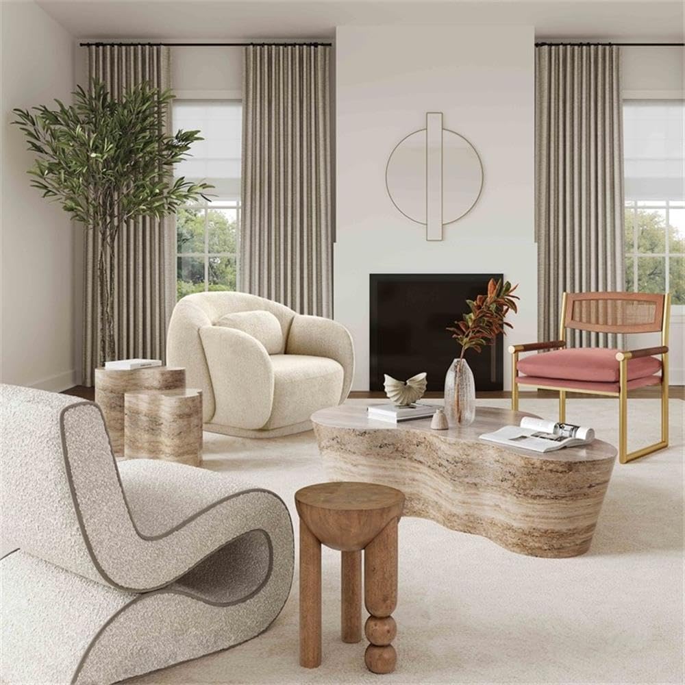 MAKLAINE Transitional Faux Travertine End Table, Tan Finish, Concrete Material, Short Free-Form Shape, Minimalist Style, Handmade for Modern Living Room Décor