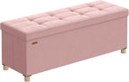 SONGMICS Storage Ottoman Bench, Folding Storage Chest, 15 x 43.3 x 15.7 Inches, Foot Rest Stool, 30 Gal. (112 L), Velvet Surface, for Bedroom, Entryway, Living Room, Jelly Pink ULSF0518R02