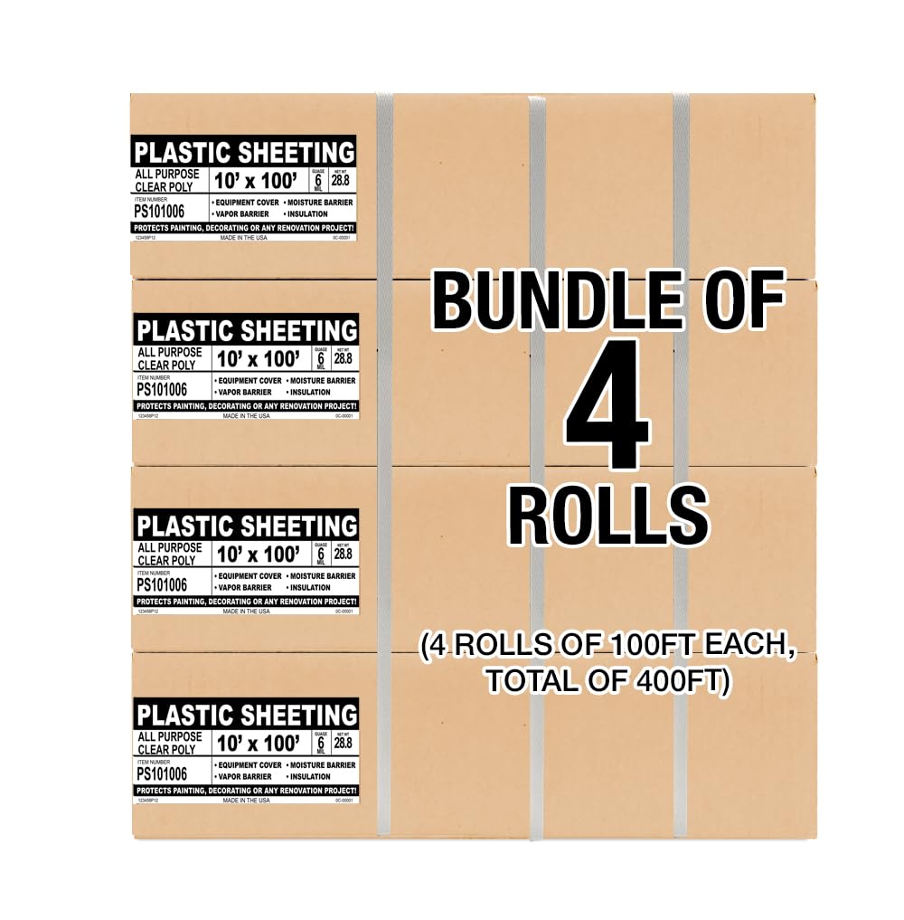 Aluf Plastic Sheeting - 4 Rolls of 10' x 100', 6 MIL Heavy Duty Gauge - Clear Vapor and Moisture Barrier Sheet Tarp/Drop Cloth for Painting, Furniture Covers, Carpet Cover, Floor, Paint, Painters