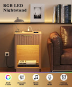 Akxomel Fluted Nightstand Set 2 Bedside Table with Charging Station Oak | Wooden Side Table with LED Light, Modern Mid Century End Table with Drawer, 15" D x 15.7" W x 22.6" H, for Bedroom