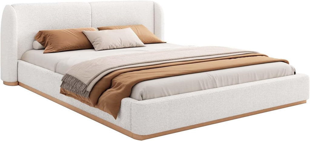 King Size Boucle Bed Frame, Soft Cloud Bed Frame with Upholstered Wingback Headboard and Solid Wooden Legs, Contemporary Aesthetic Platform Bed, No Box Spring Needed (White, King 1)