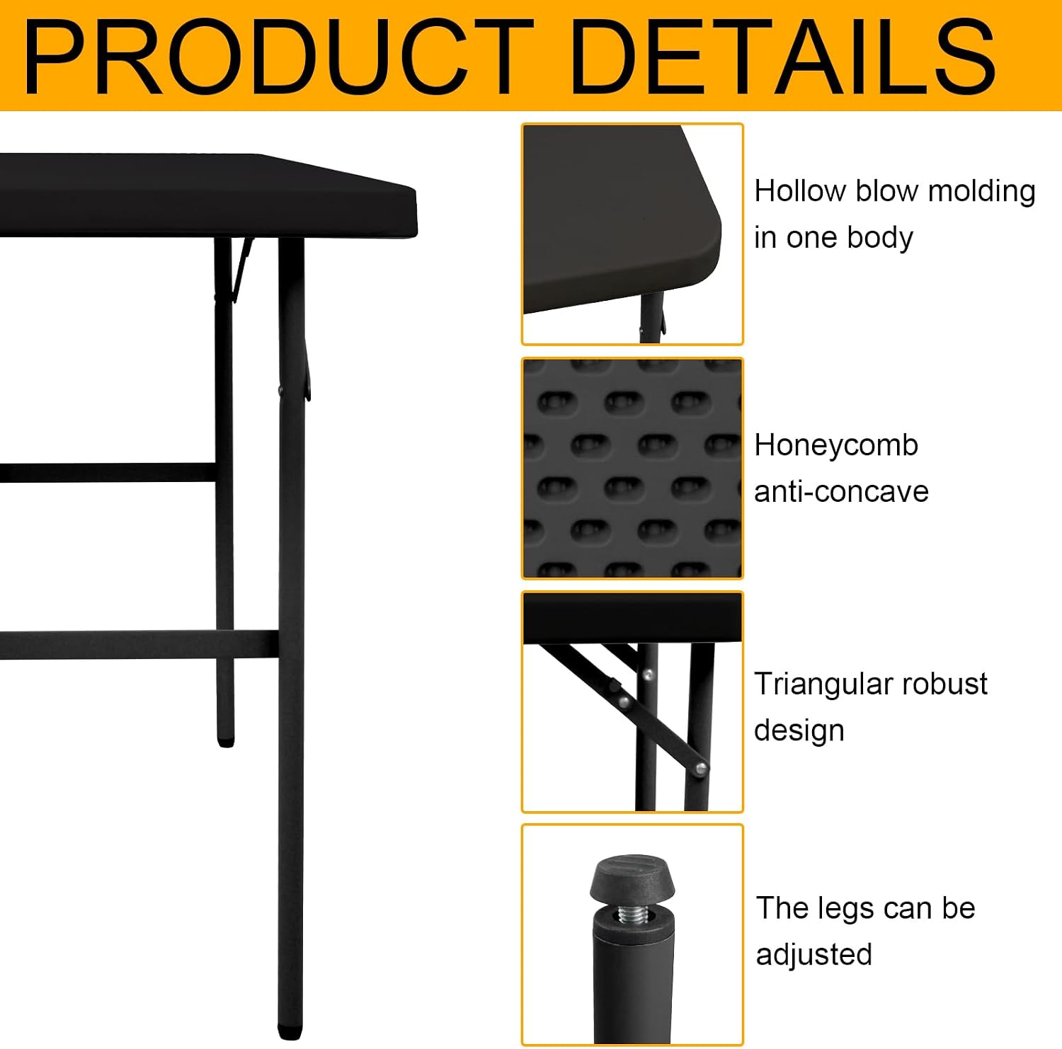 Folding Table 2.7ft Rectangular All-Occasion Plastic Folding Event Table for Indoor and Outdoor, Portable Desk, Camping, Durable and Stable, HDPE and Steel, Wide Application, Black