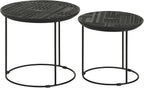 20" Sturdy Metal Frame Nesting Coffee Table, Boo Coffee Table with Embossed Tribal Pattern, Nesting Side Tables with Mango Wood top for Modern Indoor Spaces, Black