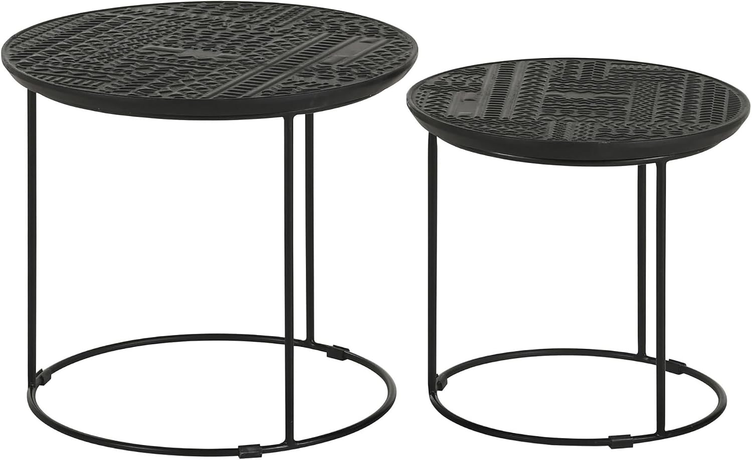 20" Sturdy Metal Frame Nesting Coffee Table, Boo Coffee Table with Embossed Tribal Pattern, Nesting Side Tables with Mango Wood top for Modern Indoor Spaces, Black