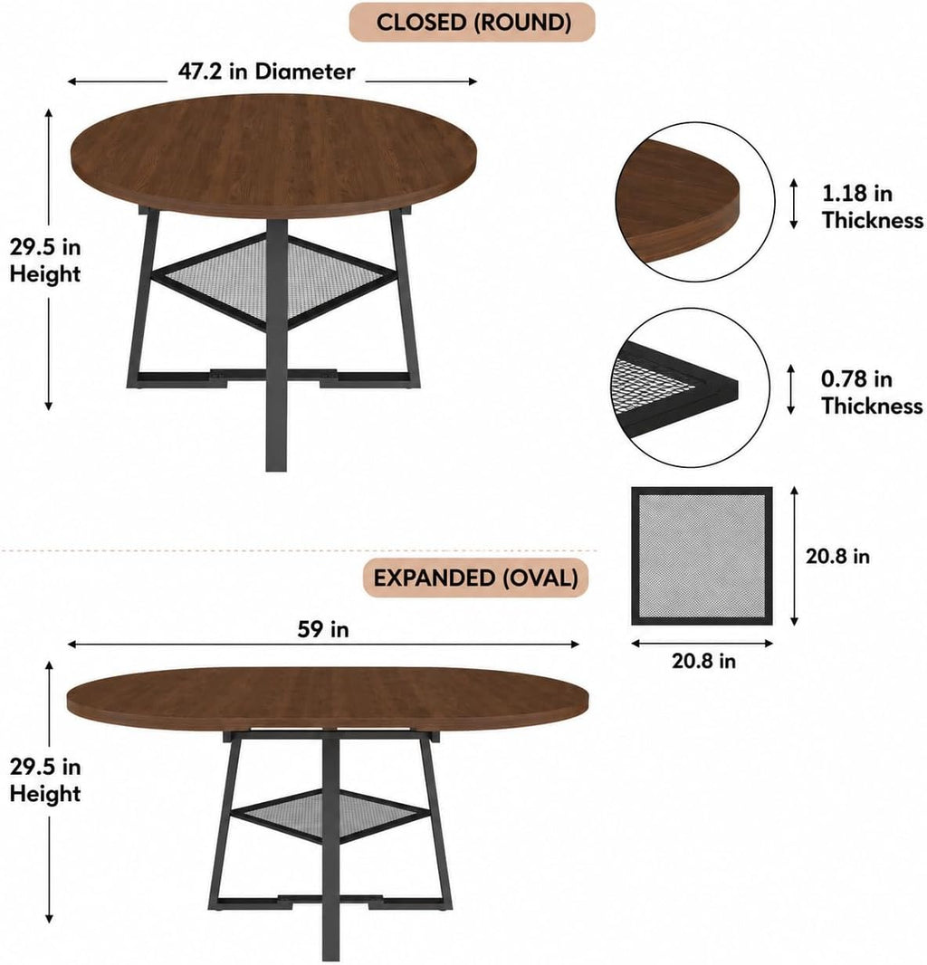 Round Extendable Dining Table, 47.2 to 59 Inch Kitchen Table for 4 to 6 People, Farmhouse Dining Room Table with Metal Mesh Storage Shelf, Walnut Wood Grain Top for Small Spaces Apartment