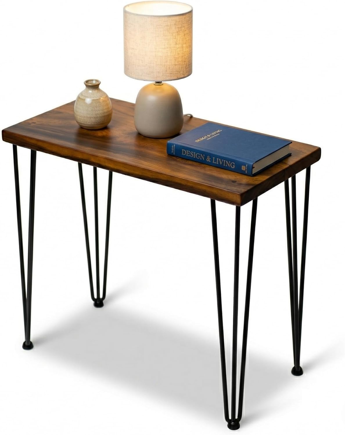 Walnut Solid Wood Side Table - 24 W 12 D Narrow End Table for Living Room, Hairpin Metal Legs, Water & Stain Resistant Finish