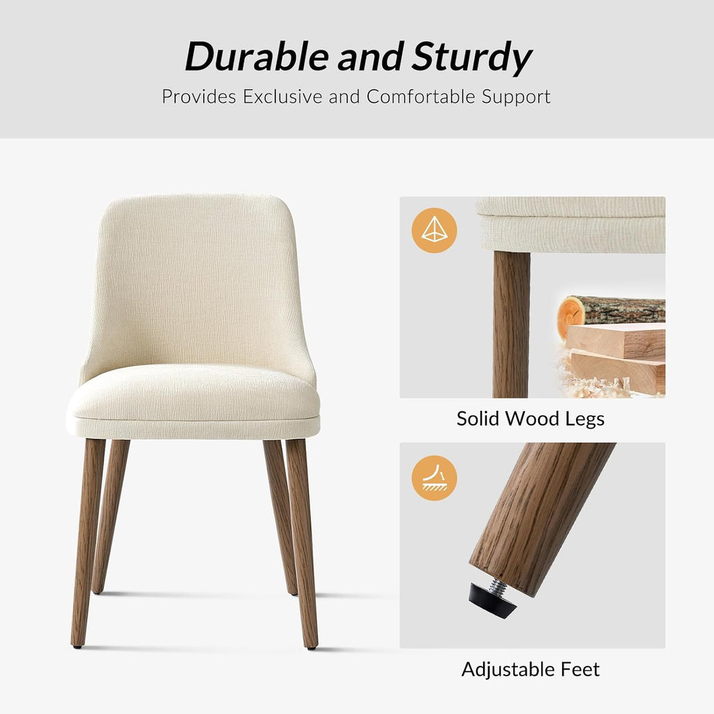 HULALA HOME Dining Chairs Set of 2, Ivory Fabric Upholstered Dining Room Chairs Set with Solid Wood Legs, Paded Back, Modern Kitchen Accent Chairs for Living Room Bedroom Reception