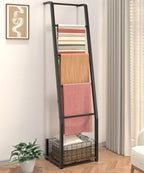 6.3ft Blanket Ladder with Storage Basket, 5 Tier Decorative Ladder Shelf Stand for Living Room & Bedroom, Wall-Leaning Blanket Holder Quilt Rack for Home Décor, Rustic Brown & Black