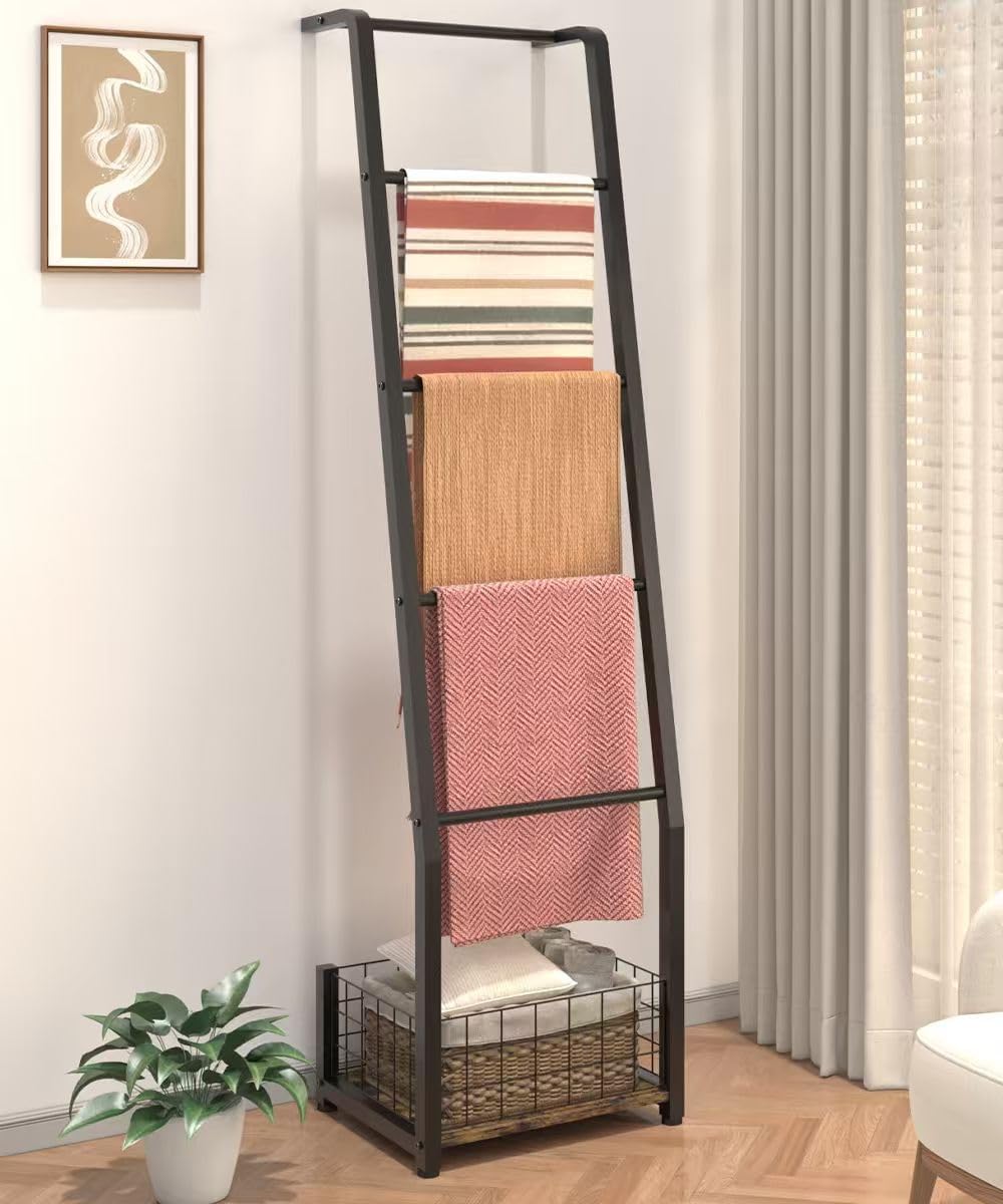 6.3ft Blanket Ladder with Storage Basket, 5 Tier Decorative Ladder Shelf Stand for Living Room & Bedroom, Wall-Leaning Blanket Holder Quilt Rack for Home Décor, Rustic Brown & Black