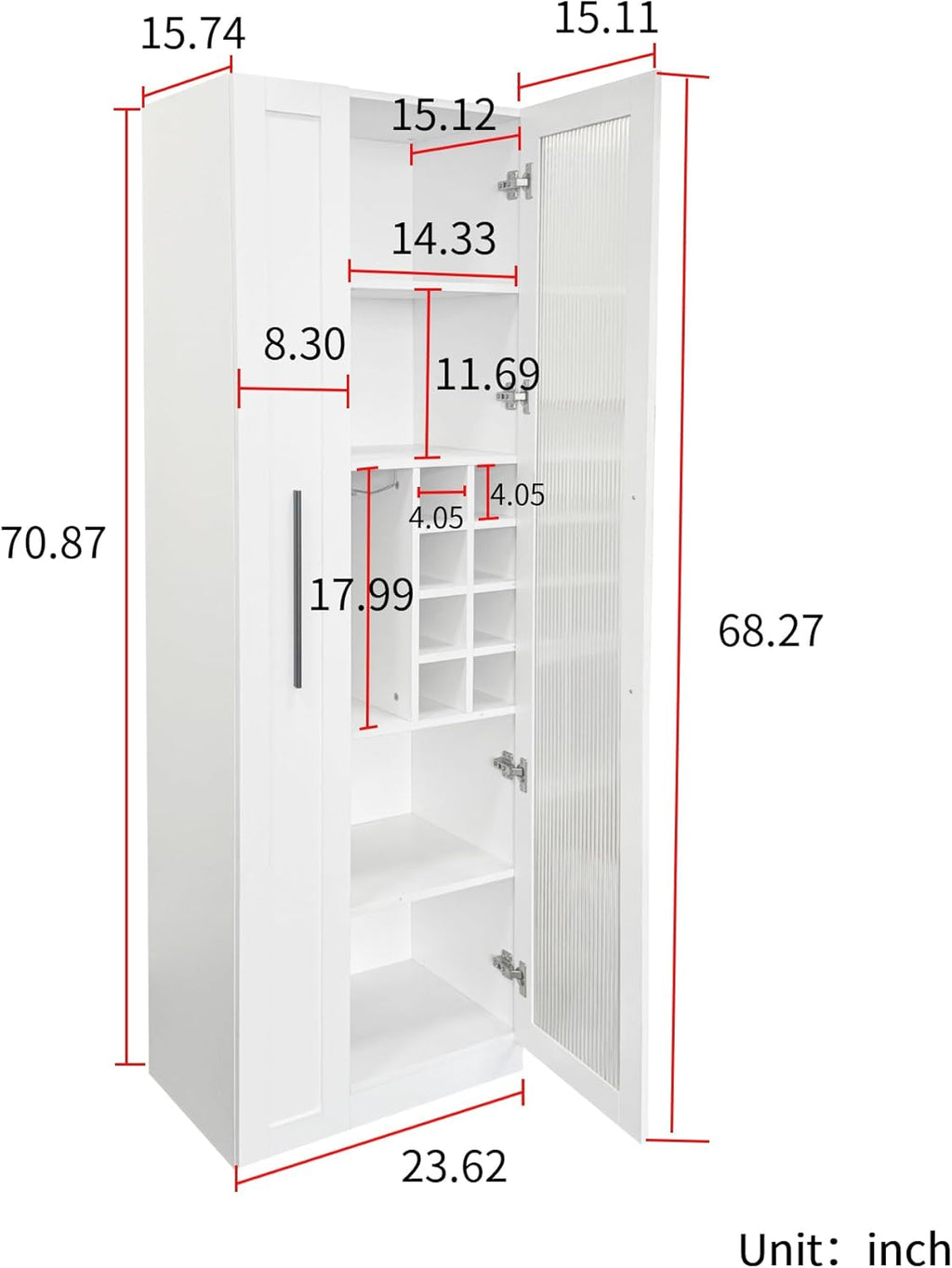 Pull-Out Kitchen Pantry Cabinet with Multi-Tier Shelves, Glass Doors & Spice Rack, Freestanding Wood Hutch Storage Cabinet Next to Refrigerator for Coffee Bar, Dining Room, Narrow Spaces