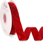 Ribbli Red Velvet Ribbon 1 Inches Luxury Crinkled Red Christmas Ribbon for Gift Wrapping Crafts Home Decor-Continuous 10 Yard