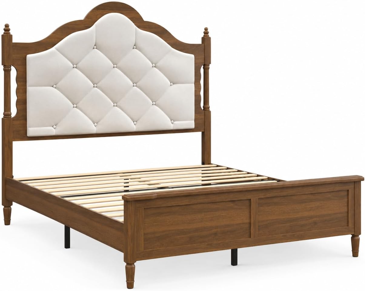 Queen Size Bed Frame with 51" Tall Wingback Headboard, Fabric Upholstered Wooden Platform Bed Frame, No Box Spring Needed, Solid Wood Legs