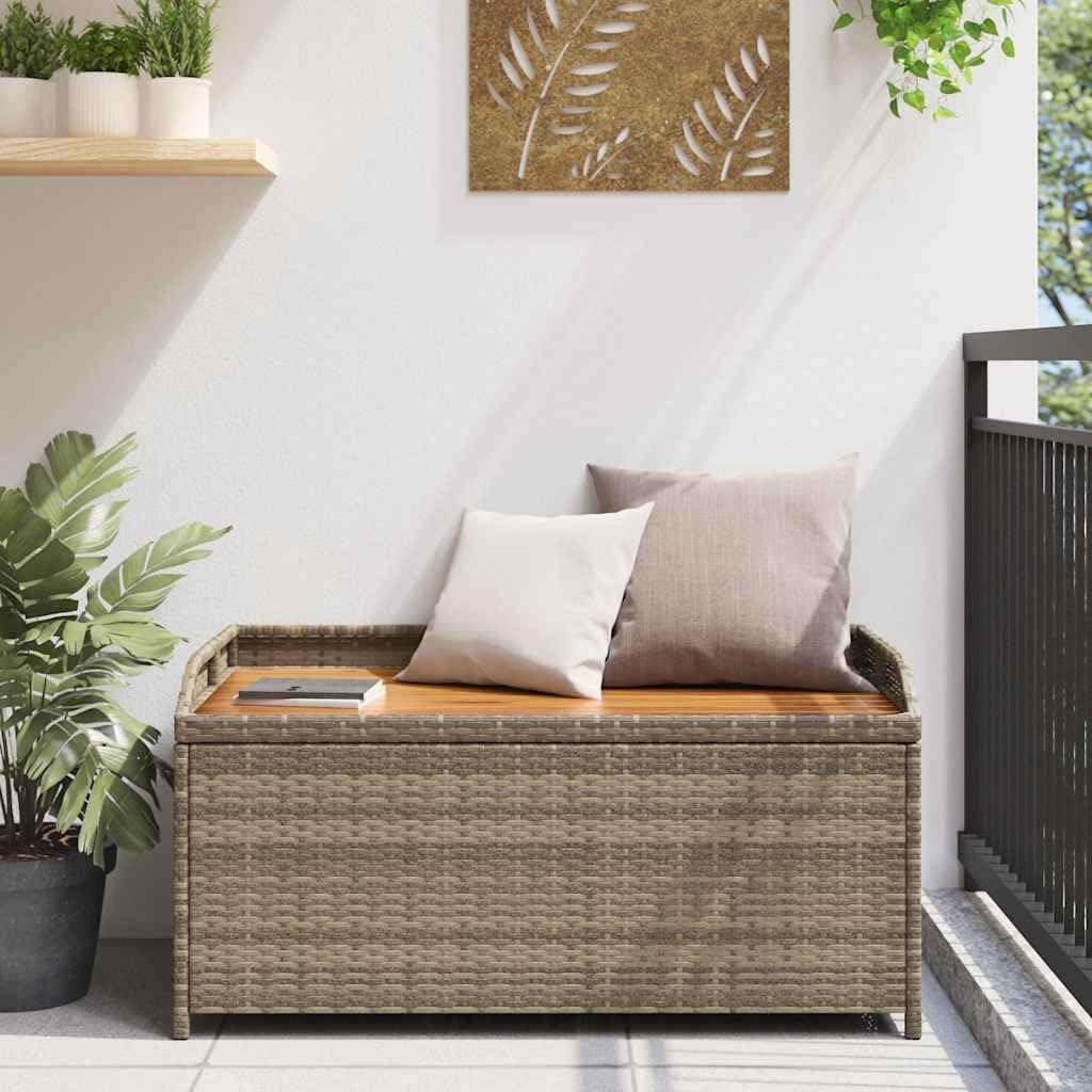 Outdoor Storage Bench with Gas Spring Lid, Patio Deck Box with Seating for Two, Waterproof Synthetic Poly Rattan and Acacia Wood Garden Seat, 39.4 Inch