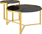 31.5" Gold Round Nesting Coffee Table Set of 2, Modern Tempered Glass Cocktail Tables with Sturdy Metal Frame, Glam Accent Side Tables for Living Room, Black