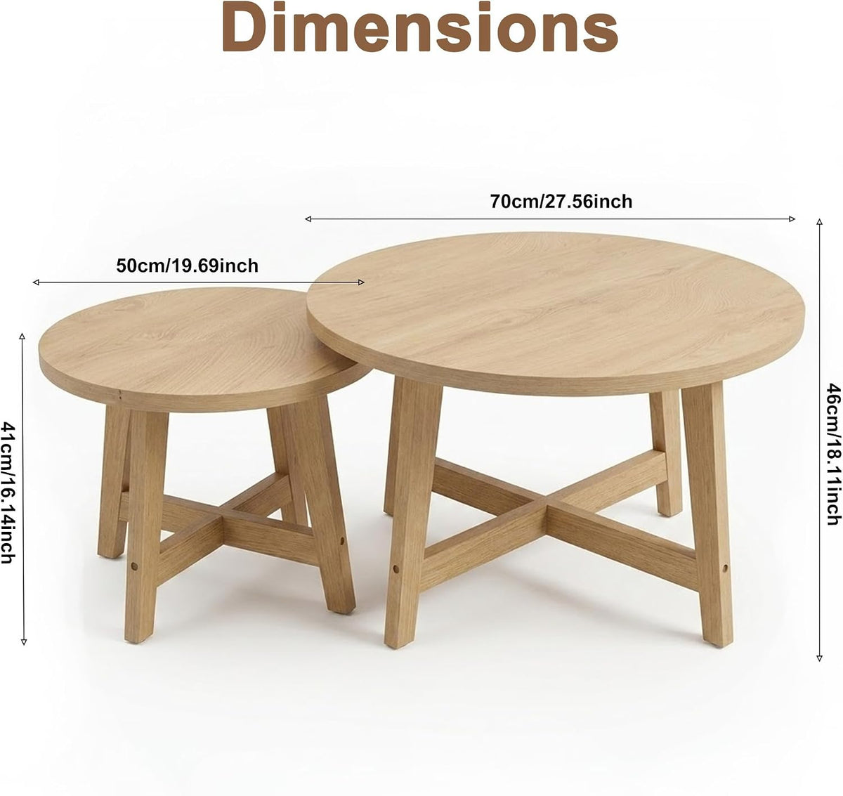 Round Nesting Coffee Tables, Set of 2, Natural Wood Finish Modern Side Tables with X-Shaped Frame, Stackable End Tables for Living Room, Bedroom