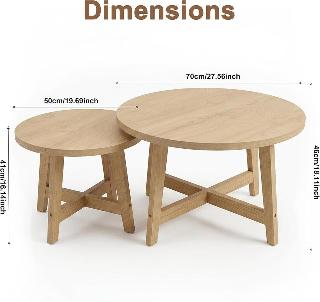 Set of 2 Round Nesting Coffee Tables, Natural Wood Finish Modern Side Tables, X-Shaped Frame Stackable End Tables for Living Room, Bedroom, Balcony 27.56&19.69