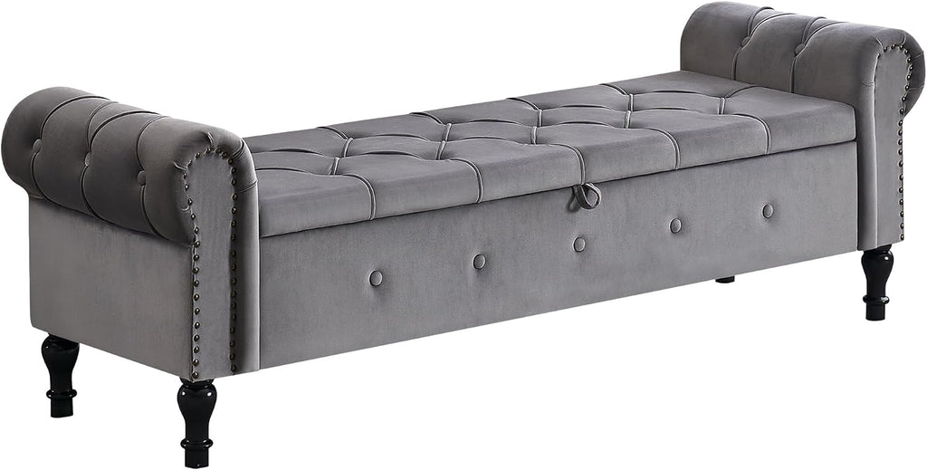 Storage Bench 67" Velvet End of Bed Benches Dark Grey | King Size Storage Bench for Bedroom with Rolled Arms Tufted Ottoman Benches Upholstered Bench for Living Room Entryway