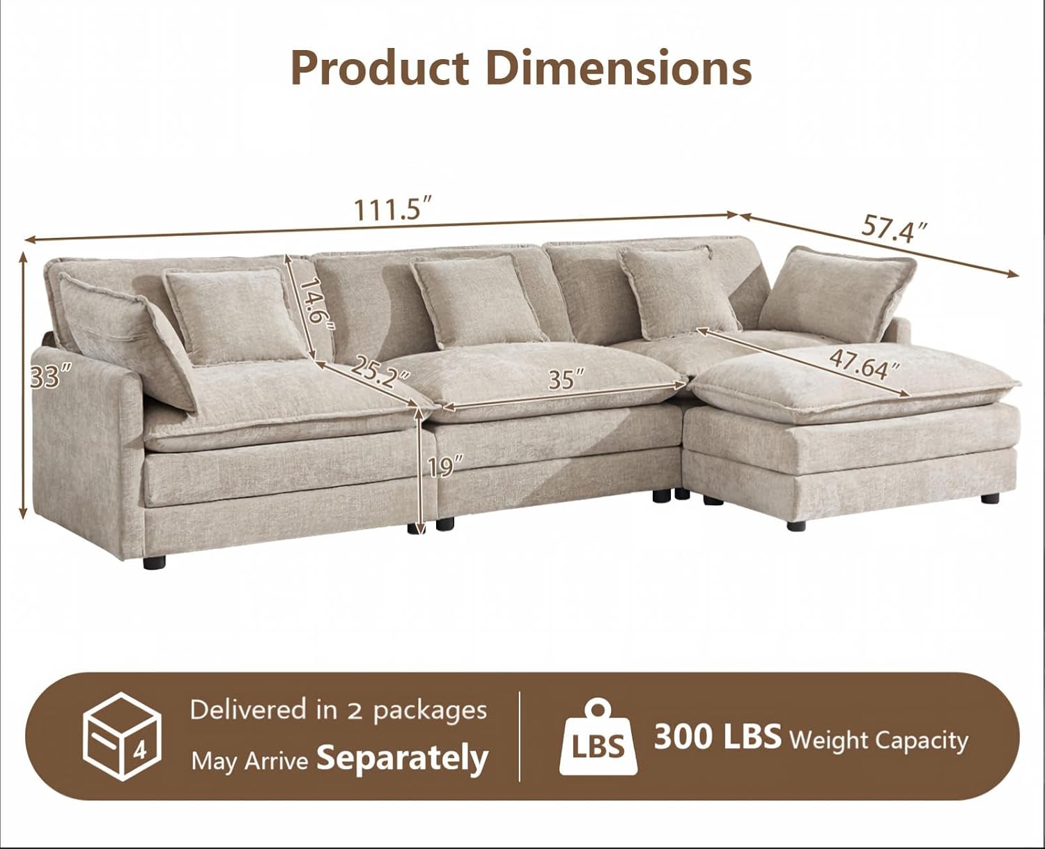 111.5” Modular Sectional Sofa, L Shaped Cloud Couch with Ottoman | Couches for Living Room, Cloud Comfort, Removable Washable Pillow Covers, Deep Seat, Movable Ottoman, Chenille Camel Brown