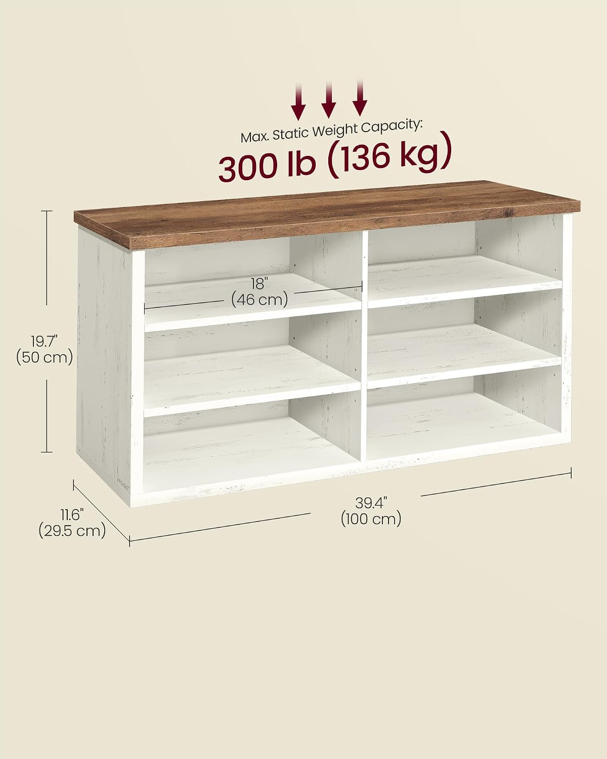VASAGLE Shoe Bench, Storage Bench, 11.6 x 39.4 x 19.7 Inches | 6 Compartments, Adjustable Shelves, for Living Room, Entryway, Rustic White and Honey Brown, ISLAND Collection ULSB036W02