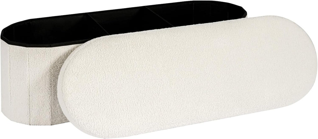 43.3 Inches Foldable Storage Ottoman Bench, Oval Footrest | Teddy Boucle Fabric, Hidden Storage, Soft Padded Seat, End Of Bed Bench For Bedroom, Living Room and Entryway, White