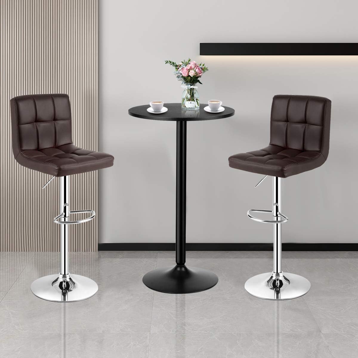 COSTWAY 3-Piece Bar Table Set, Counter Height Table Set with 2 Bar Stools | Round Cocktail Table and PU Leather Adjustable Swivel Chairs, for Kitchen, Office, Brown