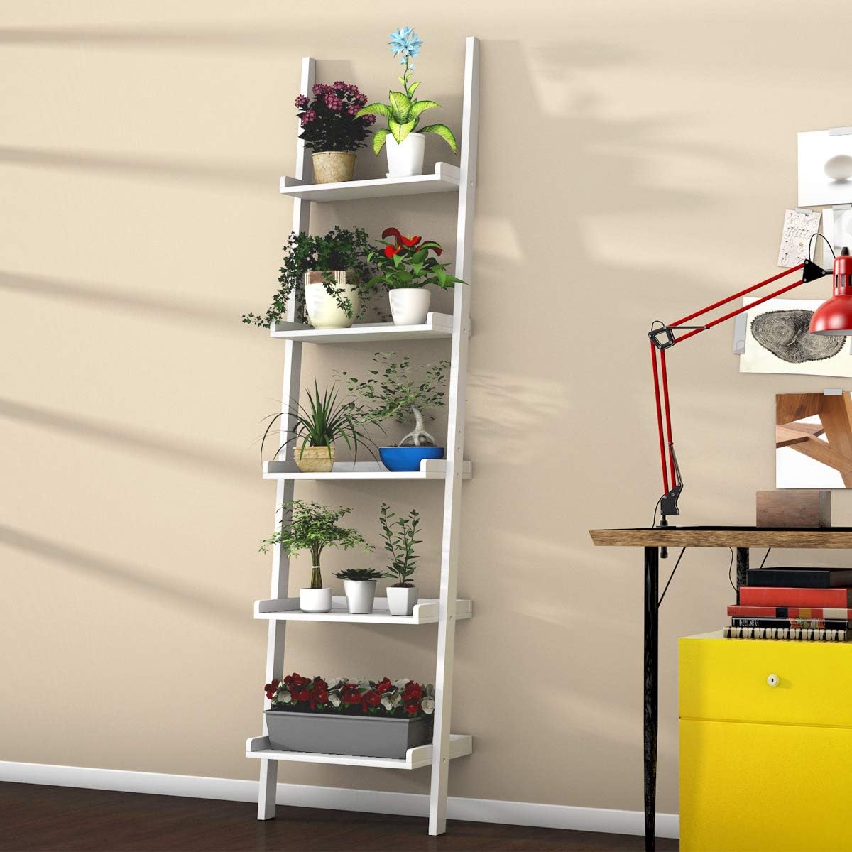 Tangkula Ladder Shelf, 5-Tier Multifunctional Modern Wood Plant Flower Book Display Shelf, Home Office Storage Rack Leaning Ladder Wall Shelf (White, 1)