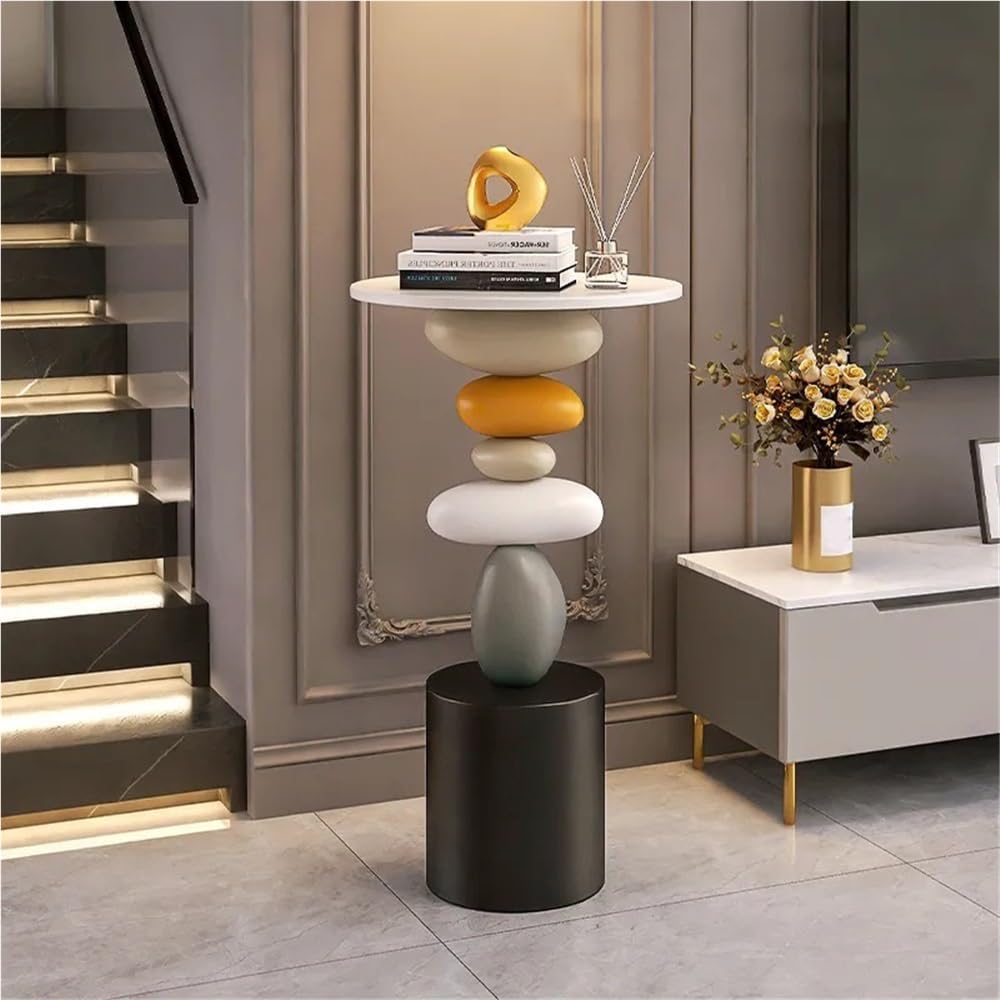 Stone-Shaped Side Table, Resin & Wood End Table, Sofa Side Table for Living Room, Bedroom, Modern Accent Table, Decorative Luck-Inspired Design(Small)