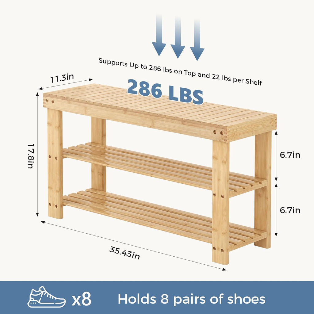 Simple Deluxe Shoe Rack Bench, 3-Tier Bamboo Storage Organizer, 286lb Capacity Entryway Bench for Front Door, Bedroom, Living Room, Bathroom, Balcony, Stylish Shoes Wood (11.3 x 35.4 x 17.8 Inches)