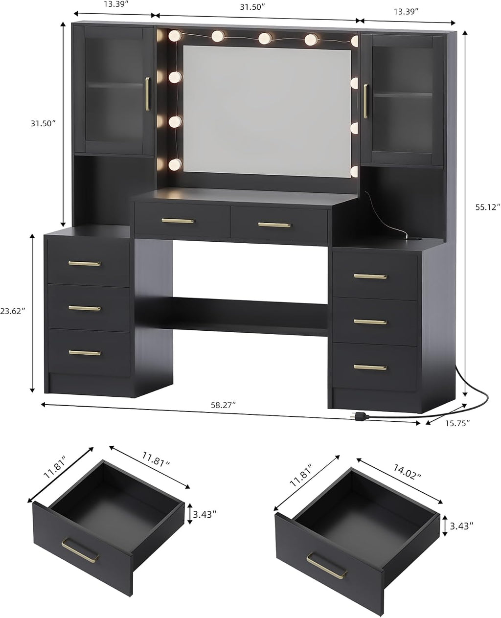 Makeup Vanity Desk with Mirror and Lights, 58.3" Makeup Vanity with Lights & Charging Station, Black Dressing Table Vanity Set Vanity Table with 8 Drawers & 2 Cabinets, with Installation tools