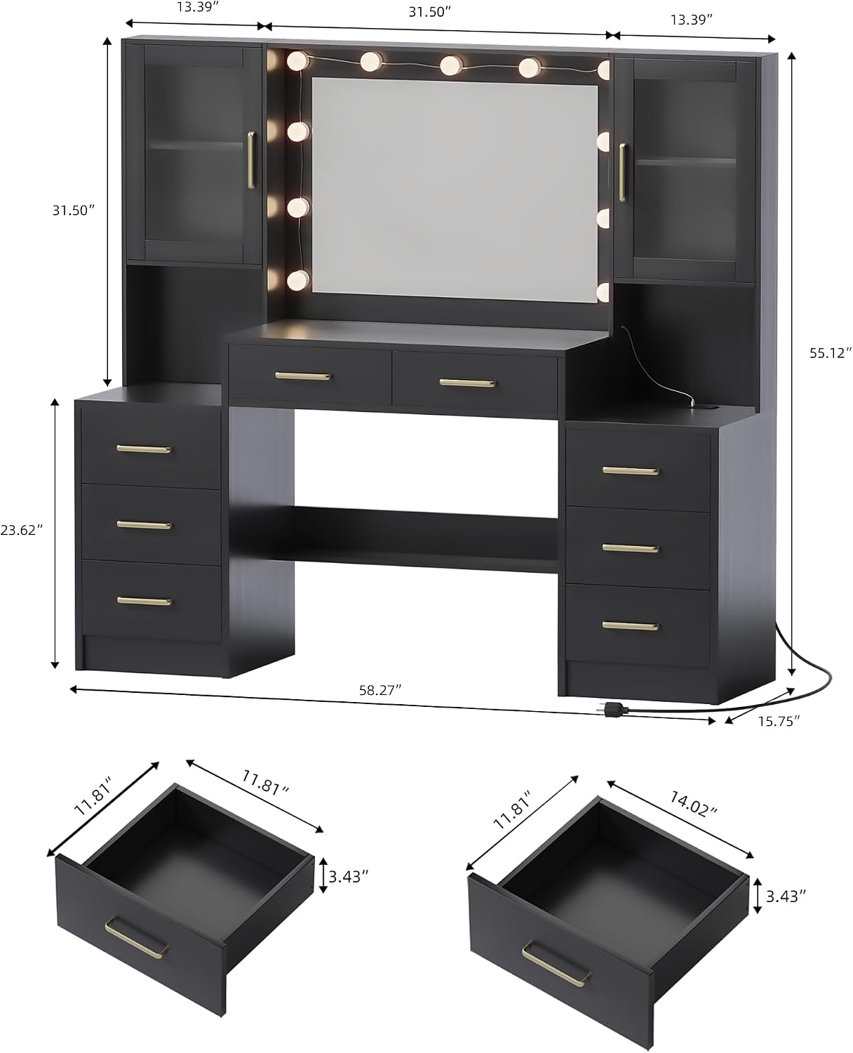 Makeup Vanity Desk with Mirror and Lights, 58.3" Makeup Vanity with Lights & Charging Station, Black Dressing Table Vanity Set Vanity Table with 8 Drawers & 2 Cabinets, with Installation tools