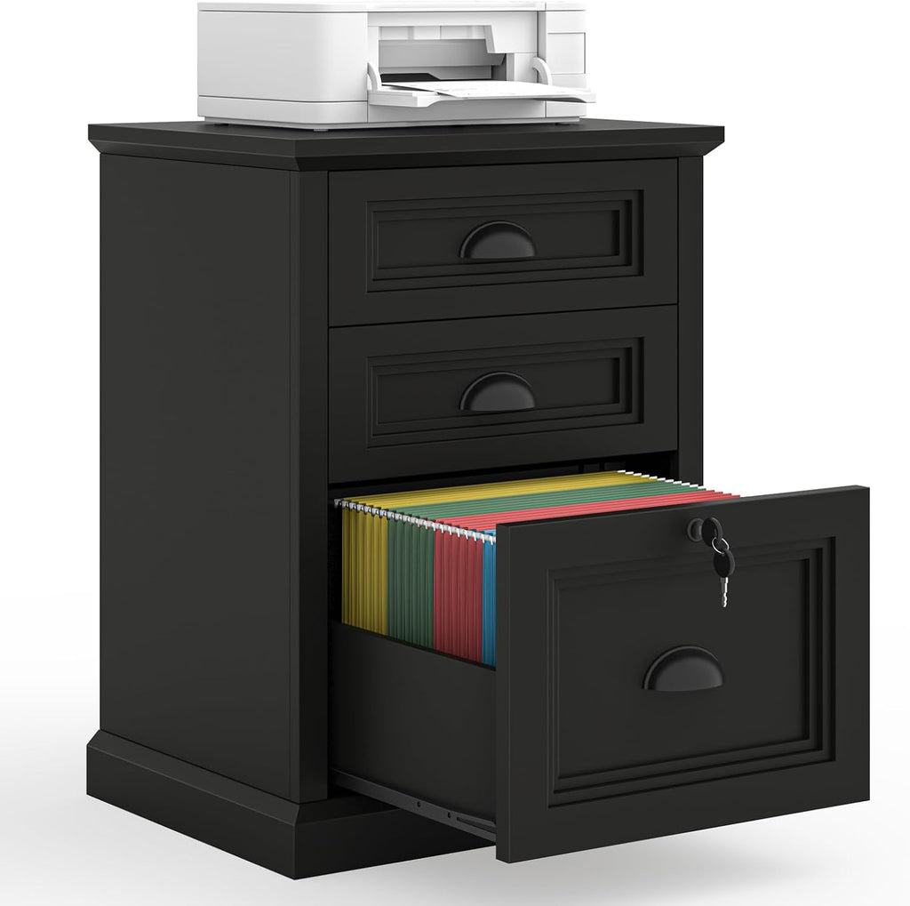 Halitaa Vertical File Cabinet, Filing Cabinet with 3 File Drawers & Lock, Farmhouse Small File Cabinet Fits Letter/A4 Size, Wooden Printer Stand, Home Office Cabinet, Black