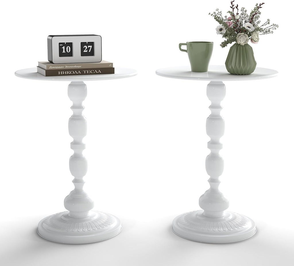 White Side Tables Set of 2 with Metal Pedestal Round End Tables for Small Spaces Living Room Bedroom or Patio Outdoor